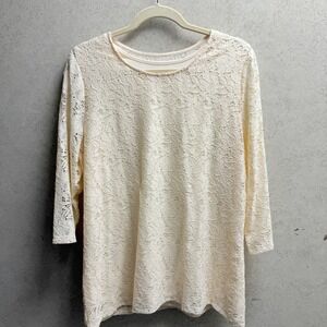 The Tog Shop Sz L‎ Womens Cream Floral Lace Lined Light 3/4 Sleeves Blouse